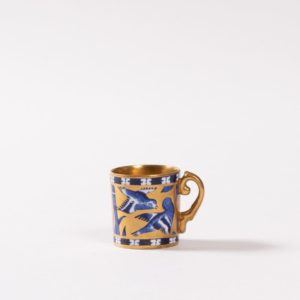 Miniature Coalport Mug with rich gilt and blue swallow and bamboo decoration, gilt inside