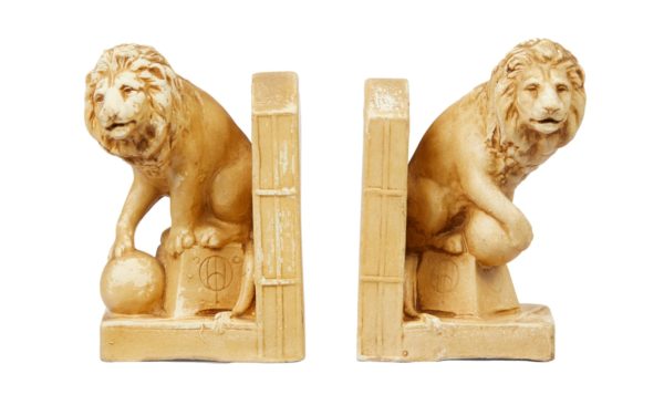 Bretby lions, bookends, earthenware, English antique, 1920