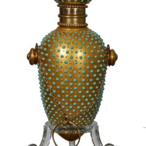 rare coalport perfume bottle, hand applied enamelled turquoise beads, gilt stopper, original chain, c.1880
