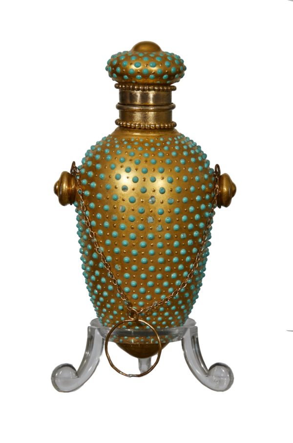 rare coalport perfume bottle, hand applied enamelled turquoise beads, gilt stopper, original chain, c.1880
