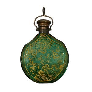glass scent bottle, green with gilt decoration, hyalith, glass, 1870, bohemian