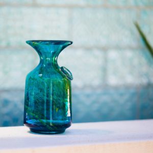 mdina vase, cylindrical tapered vase. Malta. Blue green vase. Signed Mdina