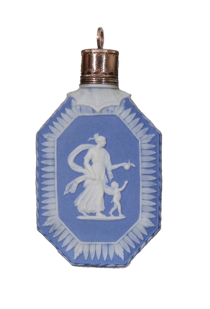 Wedgwood octagonal perfume bottle, blue jasper, Venus and Cupid images and classical relief, c.1790, silver gilt mount
