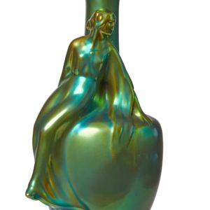 Zsolnay figural vase, Eosin glaze, figural vase with resting maiden, on bottle neck shape vase, c1910 - 1960