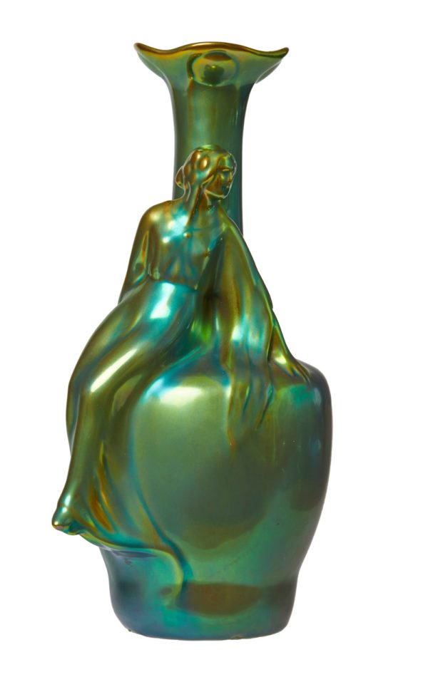 Zsolnay figural vase, Eosin glaze, figural vase with resting maiden, on bottle neck shape vase, c1910 - 1960