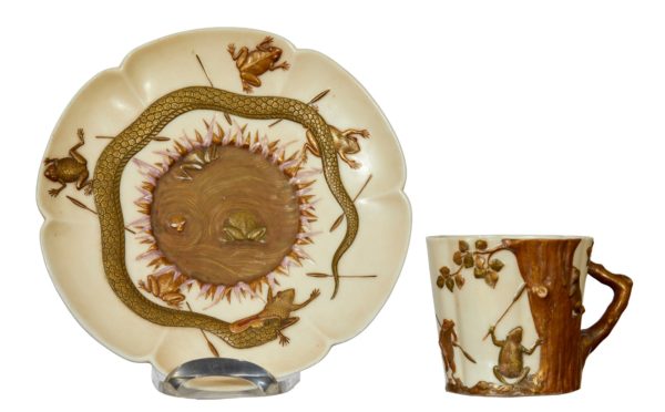 worcester, aesthetic movement, frog and snake, cup and saucer, dated 1874, extremely rare