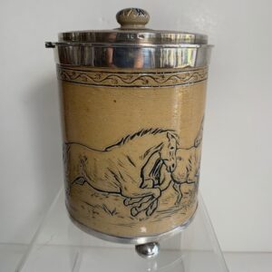 Royal Doulton, Lambeth, biscuit barrel, sterling silver mounted, sgraffito decoration, horses