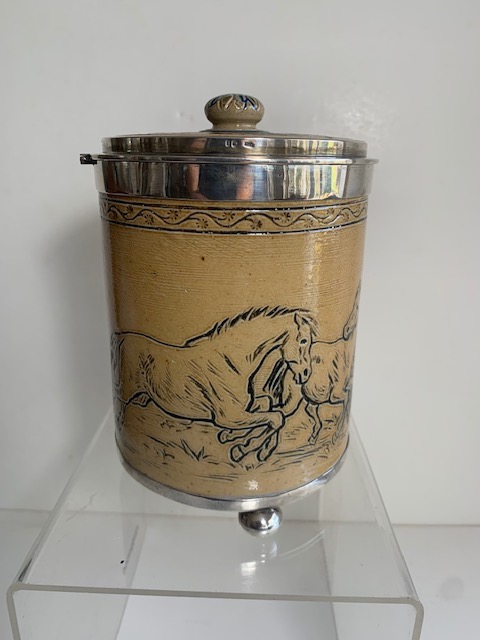 Royal Doulton, Lambeth, biscuit barrel, sterling silver mounted, sgraffito decoration, horses