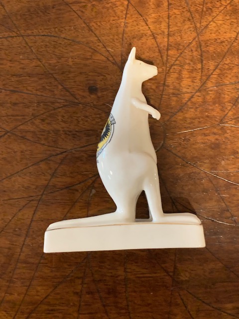 Willow ware, bone china, figure of standing Kangaroo, coloured crest of Adelaide, South Australia on its back. Circa 1930